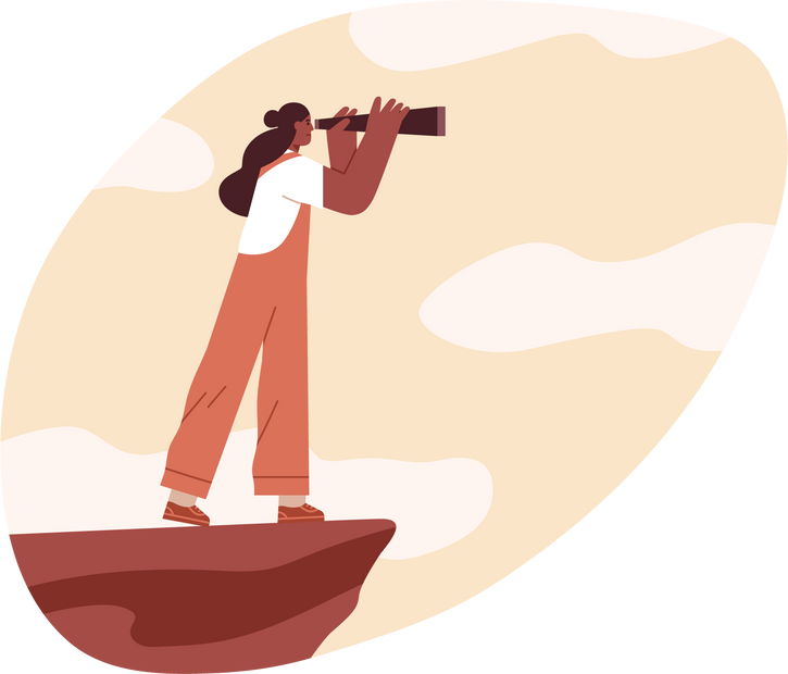 Person looking forward in future challenges through spyglass. Strategy and vision concept. Woman searching for new ideas and opportunities. Flat vector illustration isolated on white background.